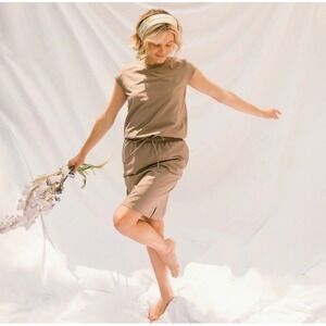 Albion Fit Going Places Drawstring Dress Women Sz M Tan Cap Sleeve Pockets Nylon